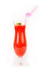  Strawberry juice in a glass with straw on a white background