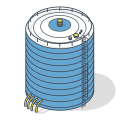Vector water reservoir isometric building info graphic. Outlined water reservoir. White water supply resource. Pictogram industrial chemistry cleaner set with blue details