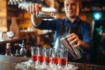 Barman at the counter with glasses standing in ice
