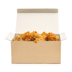 Fried chicken in cardboard box isolated on white background. Bucket of crispy fast food. ( Clipping...