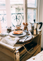 Morning coffee with biscuits. Italy morning. Vintage style