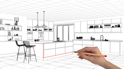 Interior design project concept, hand drawing custom architecture, black and white ink sketch,...