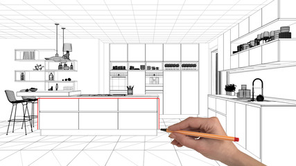 Interior design project concept, hand drawing custom architecture, black and white ink sketch,...