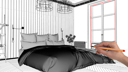 Interior design project concept, hand drawing custom architecture, black and white ink sketch, blueprint showing scandinavian classic bedroom