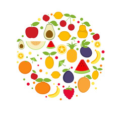 Background with cartoon fruit icons.