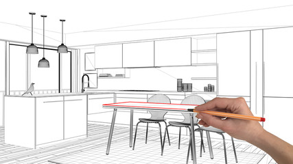 Interior design project concept, hand drawing custom architecture, black and white ink sketch,...