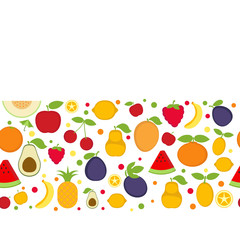 Background with cartoon fruit icons.