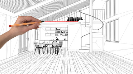 Interior design project concept, hand drawing custom architecture, black and white ink sketch, blueprint showing modern loft kitchen