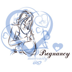 Vector hand-drawn illustration of pregnant elegant woman expecting baby, sketch. Mothers day conceptual poster