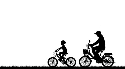 Fototapeta na wymiar silhouette Father and son riding bicycle on white background