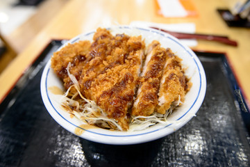 Tonkatsu donburi japanese fried pork rice bowl with special tonkatsu sauce