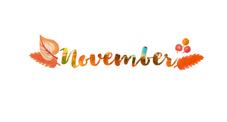 November word text. Lettering typography. Bright illustration for poster, postcard, greeting card, invitation template. Concept September advertising