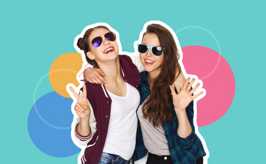 people, fashion and friendship concept -magazine style collage of happy teenage girls in casual...