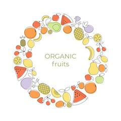 Background with cartoon fruit icons.