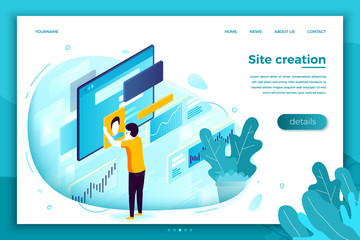 Vector concept illustration -  site creation process. Modern bright banner, site template with place for your text.