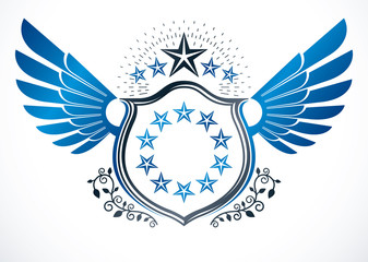 Vintage heraldry design template, vector emblem created using pentagonal stars and eagle wings