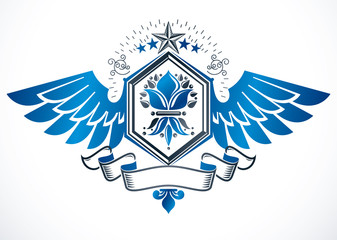 Vintage decorative winged emblem composed with lily flower royal symbol and decorative ribbon, heraldic vector.