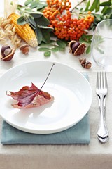 Tableskape for Thanksgiving day dinner. Table decoration for festive autumn family party. Rustic style, selective focus