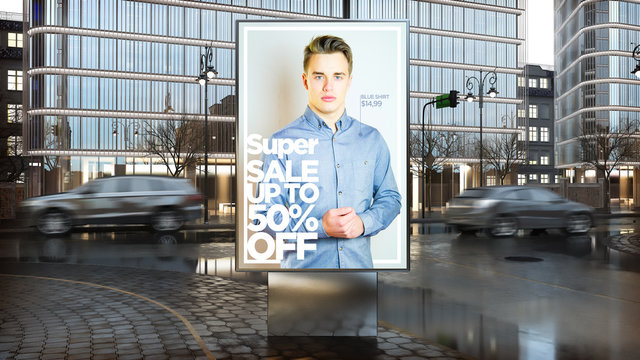 sale advertisement on billboard on city downtown