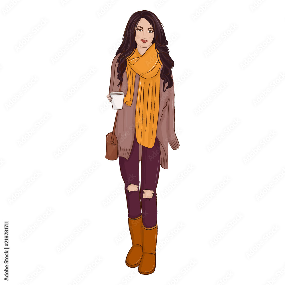 Wall mural Vector fashion illustration. Autumn style poster with glamour woman in boots, jeans, sweater sketch. Glamour Model print. Trendy character decoration.