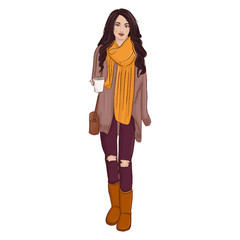Vector fashion illustration. Autumn style poster with glamour woman in boots, jeans, sweater sketch. Glamour Model print. Trendy character decoration.
