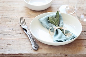 Tableskape for Thanksgiving day dinner. Table decoration for festive autumn family party. Rustic style, selective focus