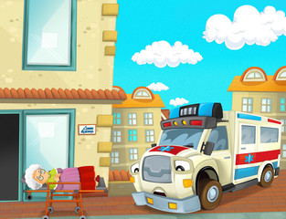 cartoon scene with ambulance and sick patient - illustration for children