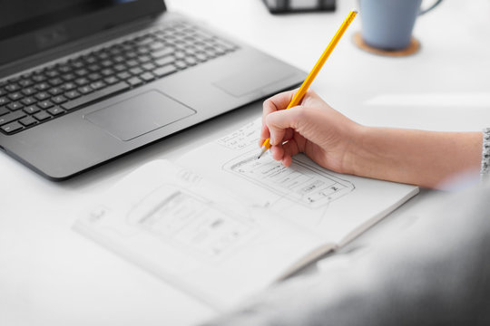app design, technology and business concept - web designer or developer working on user interface and drawing sketches at office - Powered by Adobe