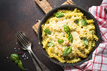 Mac and cheese traditional american macaroni casserole top view.
