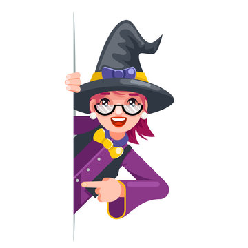 Cute witch cartoon support help consultation advice promotion looking out corner character halloween solution flat design vector illustration