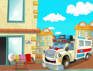 Obraz na płótnie Canvas cartoon scene with ambulance and sick patient - illustration for children
