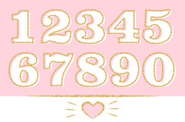 Set of numbers: 1,2,3,4,5,6,7,8,9,0 with golden outline. Gold glitter texture effect. Decorative font for cute little princess (baby birthday invite). Doodle hand drawn pink heart and lines. Xmas sale