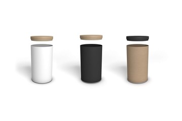 Cylindrical cardboard packaging with wooden cap in the air. 3D