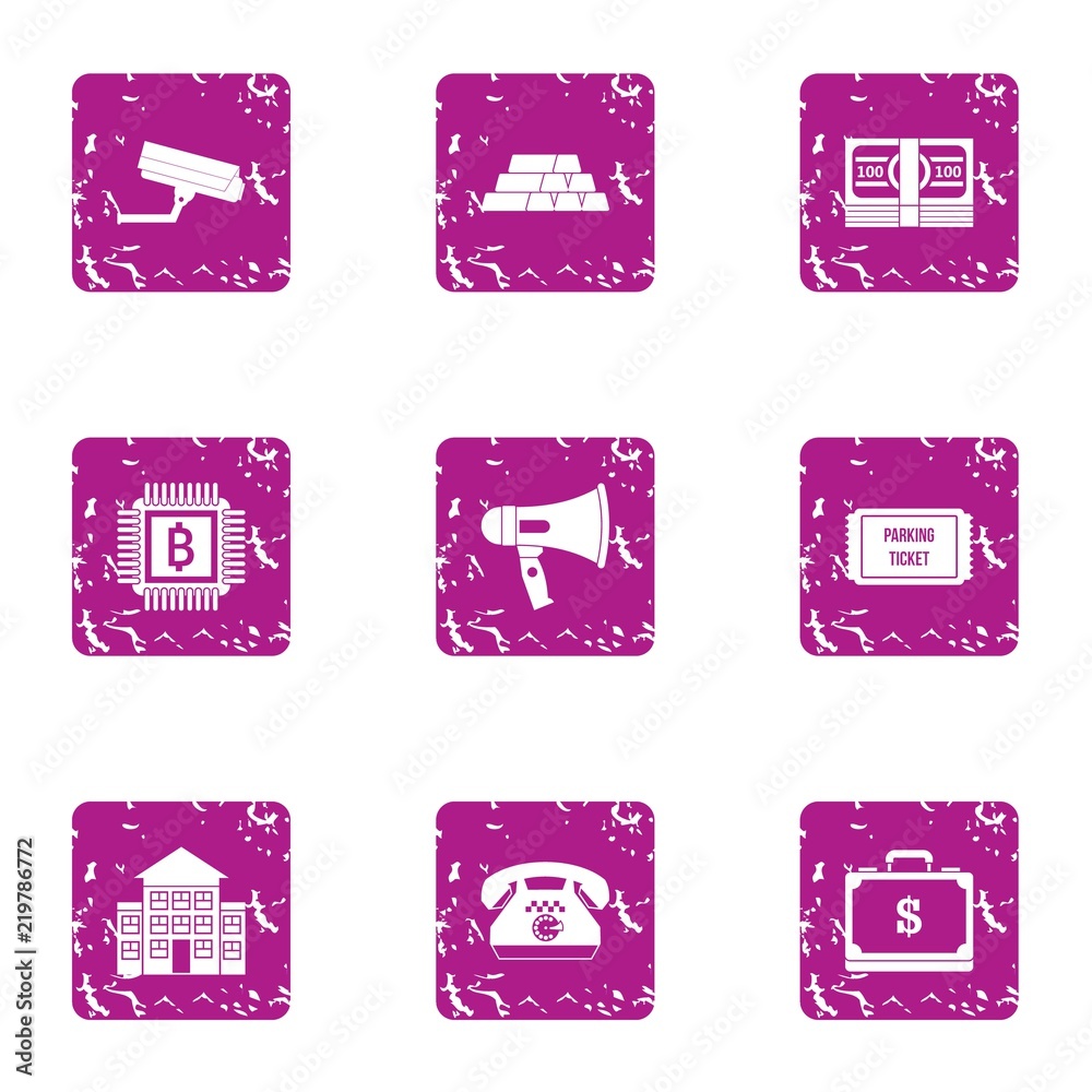 Poster currency mining icons set. grunge set of 9 currency mining vector icons for web isolated on white ba