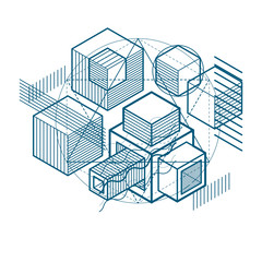 Abstract background with isometric lines, vector illustration. Template made with cubes, hexagons, squares, rectangles and different abstract elements.