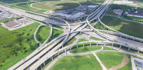 Panorama vertical aerial Interstate 10 or Katy freeway massive intersection, stack interchange,...