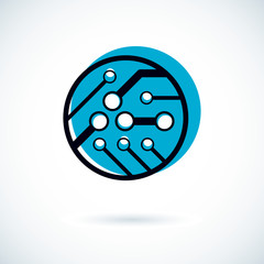 Vector abstract computer circuit board, round technology element with connections. Electronics theme web design. Modern innovation technologies logo.