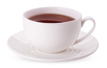 White cup on saucer of tea