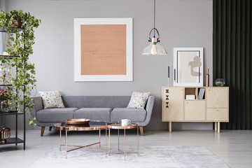Copper tables in front of grey couch in modern apartment interior with painting and plant. Real...