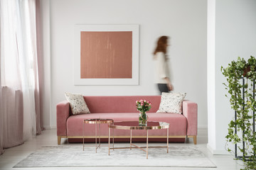 Blurred person against the wall with painting in white flat interior with plant and millenial pink...