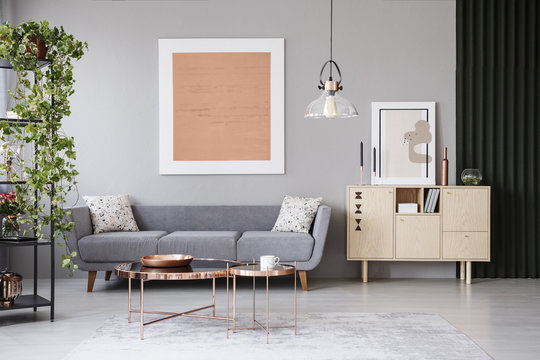 Copper tables in front of grey couch in modern apartment interior with painting and plant. Real photo