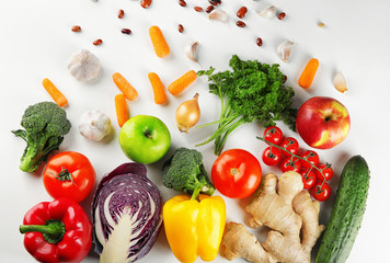 Flat lay composition with diet food on white background