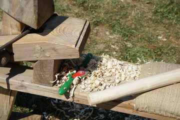 Ornate woodworking with old tools and tools
