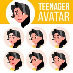 Teen Girl Avatar Set Vector. Face Emotions. Flat, Portrait. Cute, Comic, Web. Cartoon Head Illustration