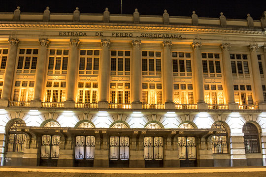 Sao Paulo, Brazil, June 29, 2017. External classical architecture of the Sala Sao Paulo and Julio Prestes Station, at night in downtown Sao Paulo Brazil