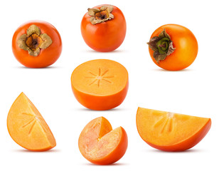 Set persimmon fruit whole, cut in half, slice, three quarters