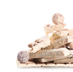 Delicious chocolate with candies on  white background
