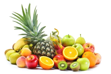Kissenbezug Gruppe von frischem Obst und Gemüse isoliert auf weißem Hintergrund, tropische Früchte für gesundes Essen und Diäten © peangdao