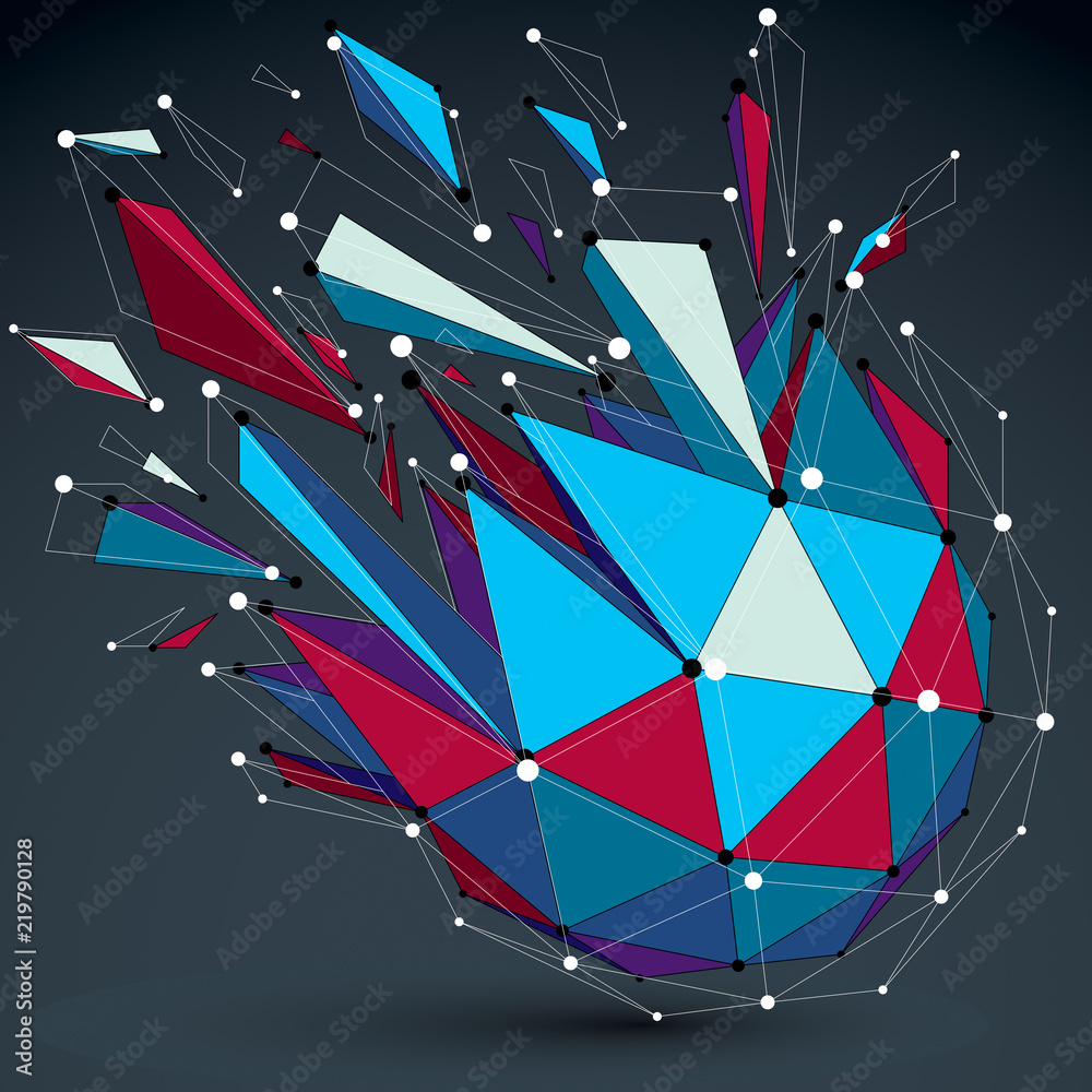 Poster vector dimensional colorful wireframe object, demolished low poly shape with fractures and wreckage.
