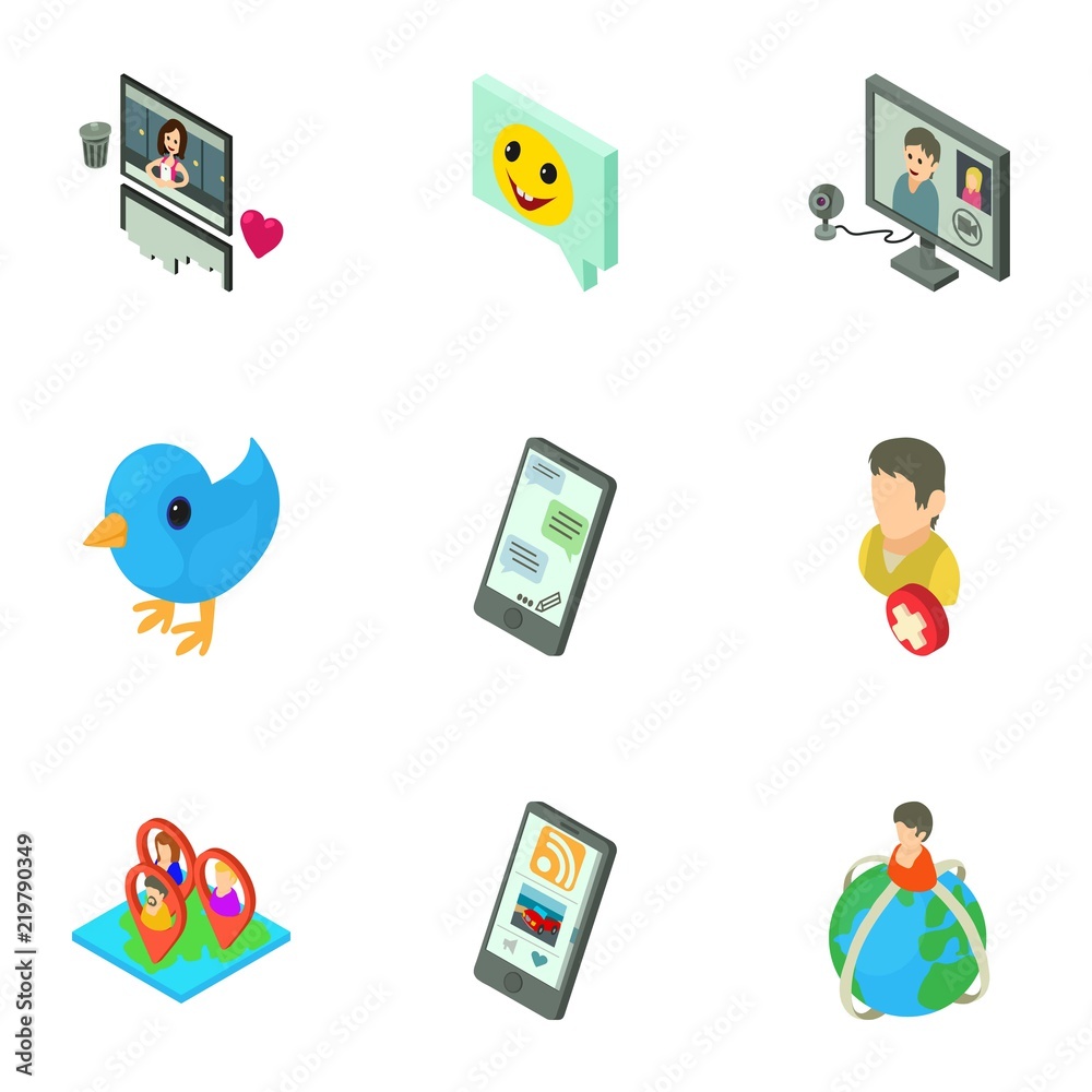Poster global communication icons set. isometric set of 9 global communication vector icons for web isolate